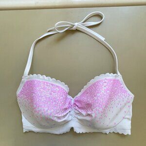 Victoria's Secret Bikini Swim Top 34DD White Pink Sequin Halter Scallop Trim